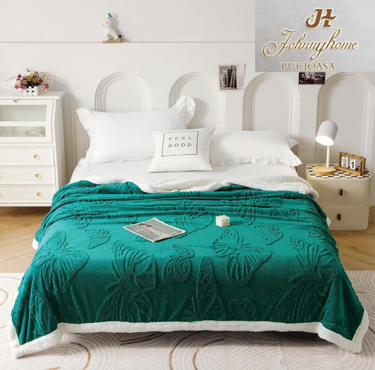 Patura Cocolino cu Blanita, 200x230cm, Fluturi Gofrati, Verde Smarald-H6991