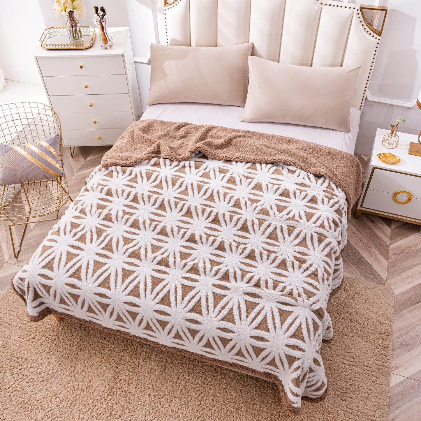 Patura Cocolino cu Blanita, Tip Sherpa, Model Floral, 200x230cm, Maroniu/Alb-P6707