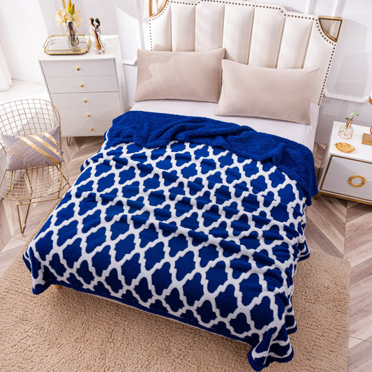 Patura Cocolino cu Blanita, Tip Sherpa, Model Elegant, 200x230cm, Bleumarin/Alb-P6711