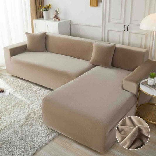 Set 2 Huse Elastice din Catifea Pentru Coltar, 2+3 Locuri+2 Fete de Perna, Bej-C8178