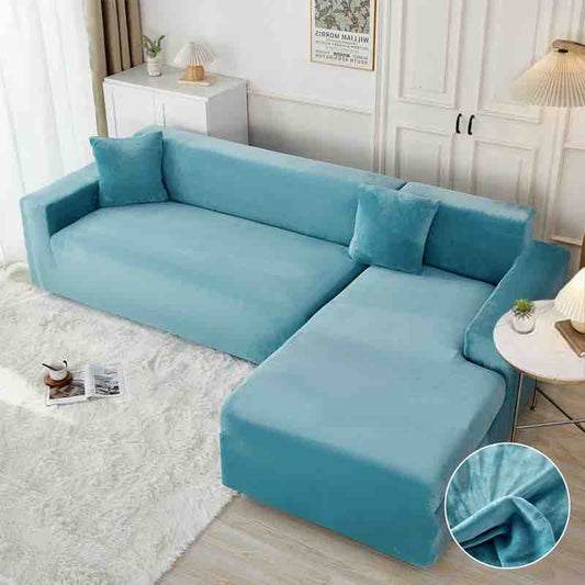 Set 2 Huse Elastice din Catifea Pentru Coltar, 2+3 Locuri+2 Fete de Perna, Turcoaz-C8180