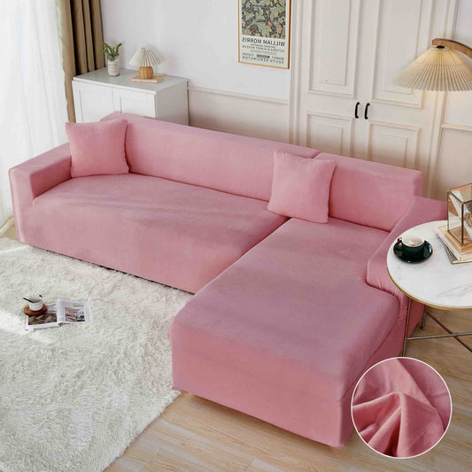 Set 2 Huse Elastice din Catifea Pentru Coltar, 2+3 Locuri+2 Fete de Perna, Roz Inchis-C8179