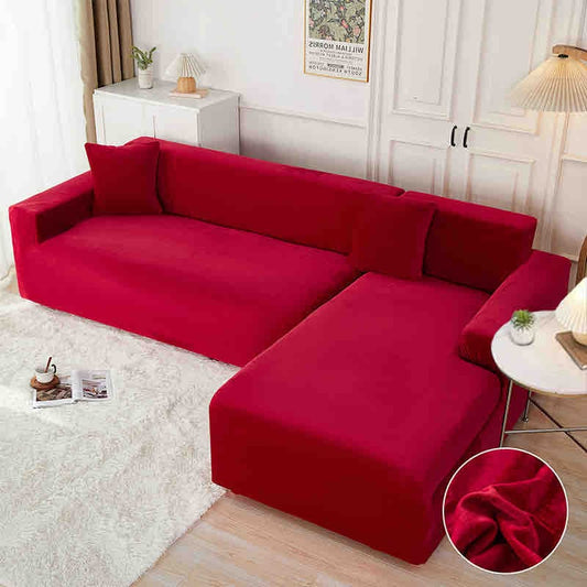 Set 2 Huse Elastice din Catifea Pentru Coltar, 2+3 Locuri+2 Fete de Perna, Grena-C8191