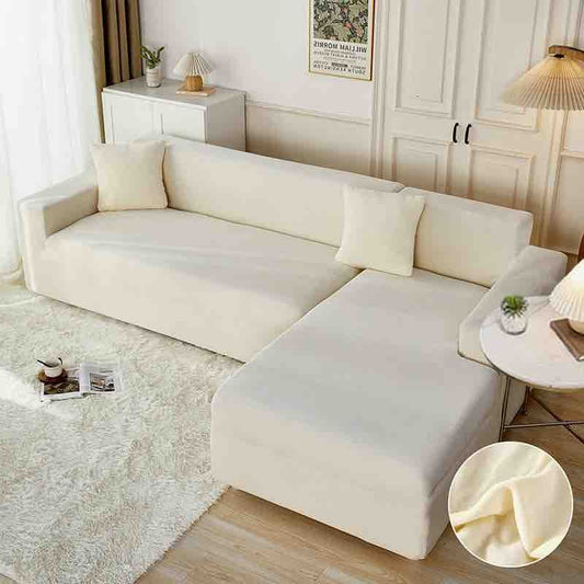 Set 2 Huse Elastice din Catifea Pentru Coltar, 2+3 Locuri+2 Fete de Perna, Crem-C8183