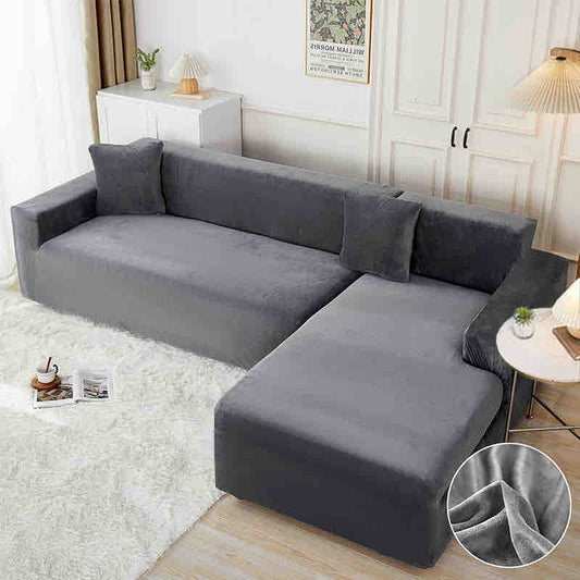 Set 2 Huse Elastice din Catifea Pentru Coltar, 2+3 Locuri+2 Fete de Perna, Gri Inchis-C8181