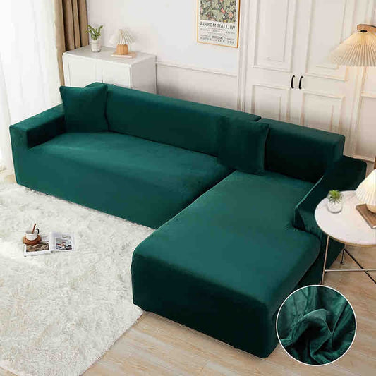 Set 2 Huse Elastice din Catifea Pentru Coltar, 2+3 Locuri+2 Fete de Perna, Verde-C8185