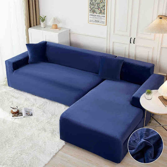 Set 2 Huse Elastice din Catifea Pentru Coltar, 2+3 Locuri+2 Fete de Perna, Bleumarin-C8184