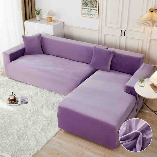 Set 2 Huse Elastice din Catifea Pentru Coltar, 2+3 Locuri+2 Fete de Perna, Lila-C8182
