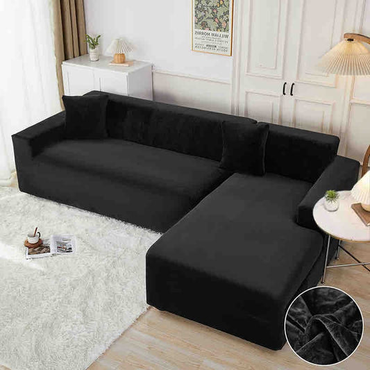 Set 2 Huse Elastice din Catifea Pentru Coltar, 2+3 Locuri+2 Fete de Perna, Negru-C8186