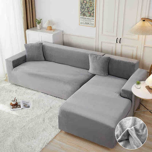 Set 2 Huse Elastice din Catifea Pentru Coltar, 2+3 Locuri+2 Fete de Perna, Gri Deschis-C8190