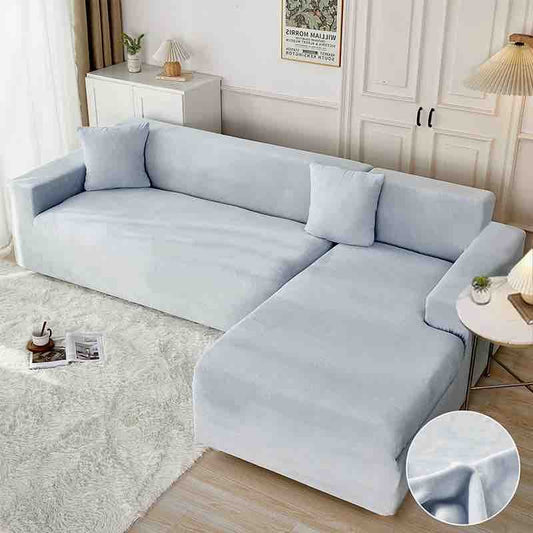 Set 2 Huse Elastice din Catifea Pentru Coltar, 2+3 Locuri+2 Fete de Perna, Bleu-C8189