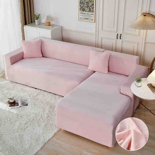Set 2 Huse Elastice din Catifea Pentru Coltar, 2+3 Locuri+2 Fete de Perna, Roz Deschis-C8187