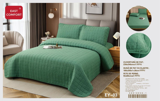 Set Cuvertura 4 Piese Bumbac cu In, Cearceaf de pat cu elastic, Verde-D8028