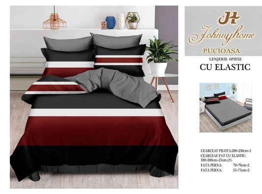Lenjerie Pat Dublu din Finet, 6 Piese, cu Elastic, Dungi-H9060