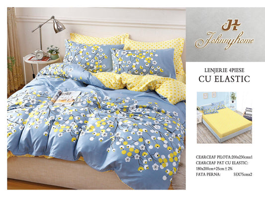 Lenjerie Pat Dublu cu Elastic din Bumbac Satinat Superior cu 4 Piese, Floricele-H8748