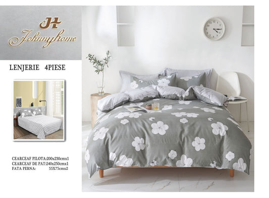 Lenjerie Pat Dublu din Bumbac Satinat Superior cu 4 Piese, Flori-H8544