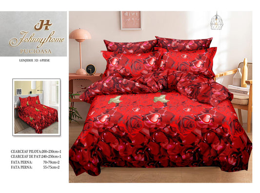 Lenjerie 3D Pat Dublu Bumbac Satinat cu 6 Piese, Trandafiri/Inimi-H8833