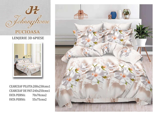 Lenjerie 3D Pat Dublu Bumbac Satinat cu 6 Piese, Crini-H8842