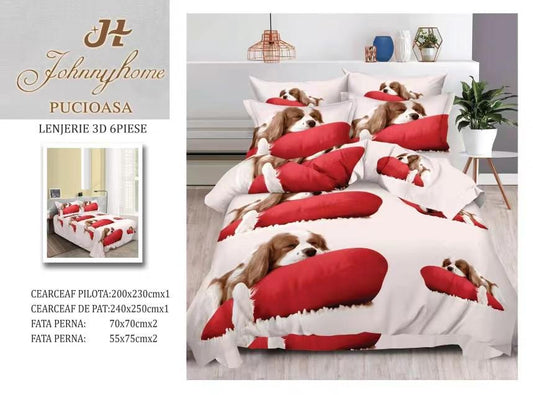 Lenjerie 3D Pat Dublu Bumbac Satinat cu 6 Piese, Catelus-H8839