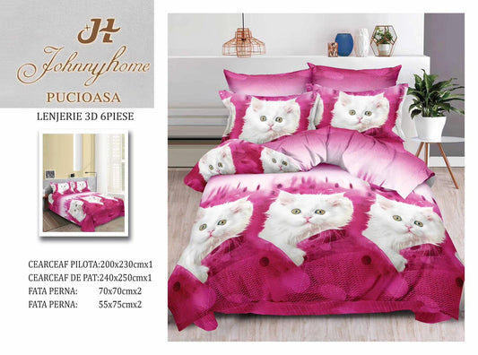 Lenjerie 3D Pat Dublu Bumbac Satinat cu 6 Piese, Pisicute-H8836