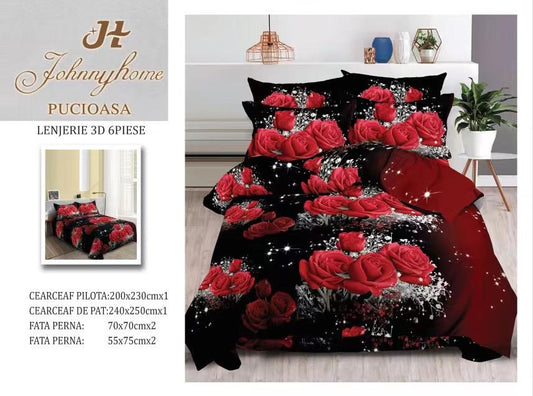 Lenjerie 3D Pat Dublu Bumbac Satinat cu 6 Piese, Trandafiri-H8841