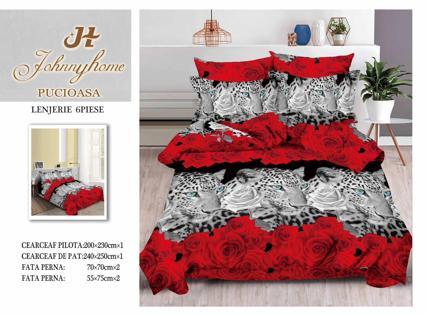 Lenjerie 3D Pat Dublu Bumbac Satinat cu 6 Piese, Trandafiri/Leopard-H8825