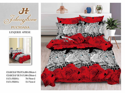 Lenjerie 3D Pat Dublu Bumbac Satinat cu 6 Piese, Trandafiri/Leopard-H8825