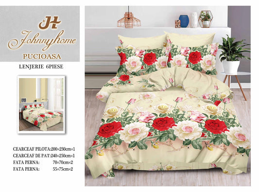 Lenjerie 3D Pat Dublu Bumbac Satinat cu 6 Piese, Flori-H8834