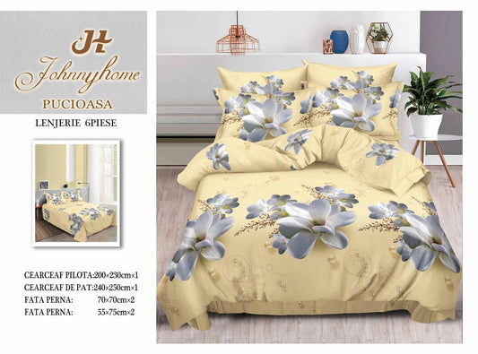 Lenjerie 3D Pat Dublu Bumbac Satinat cu 6 Piese, Flori-H8837
