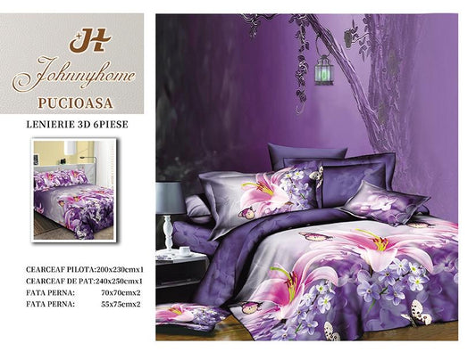 Lenjerie 3D Pat Dublu Bumbac Satinat cu 6 Piese, Flori-H8830