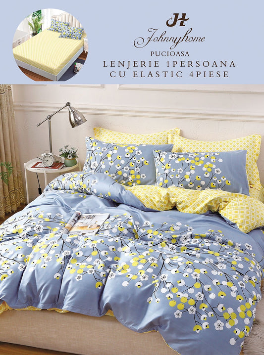 Lenjerie 4 Piese 1 Persoana, cu Elastic, din Bumbac Satinat, Flori-H9021