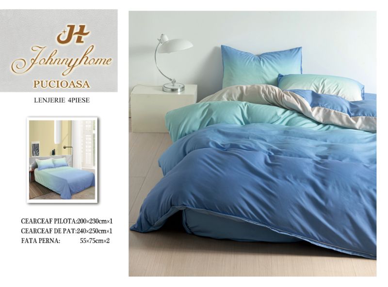 Lenjerie Pat Dublu din Bumbac Satinat Superior cu 4 Piese, Albastru/Vernil Degrade-H8541