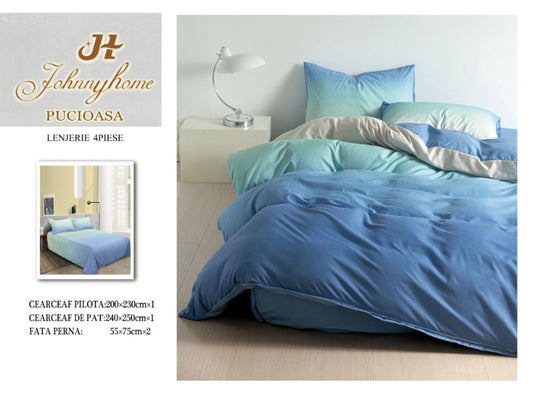 Lenjerie Pat Dublu din Bumbac Satinat Superior cu 4 Piese, Albastru/Vernil Degrade-H8541