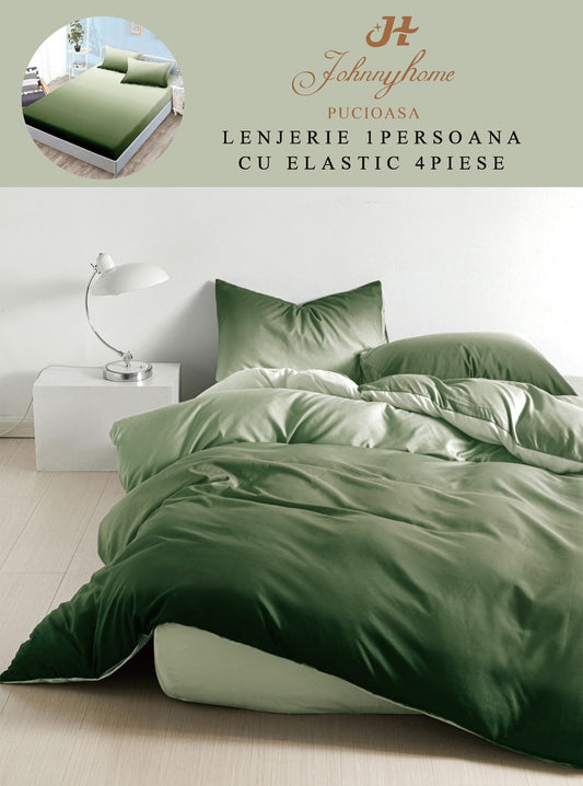Lenjerie 4 Piese 1 Persoana, cu Elastic, din Bumbac Satinat, Verde Degrade-H9022