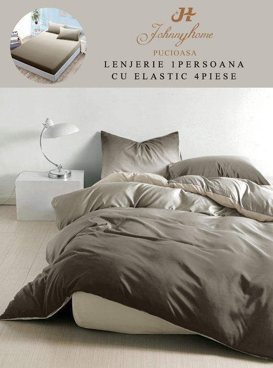 Lenjerie 4 Piese 1 Persoana, cu Elastic, din Bumbac Satinat, Kaki Degrade-H9024
