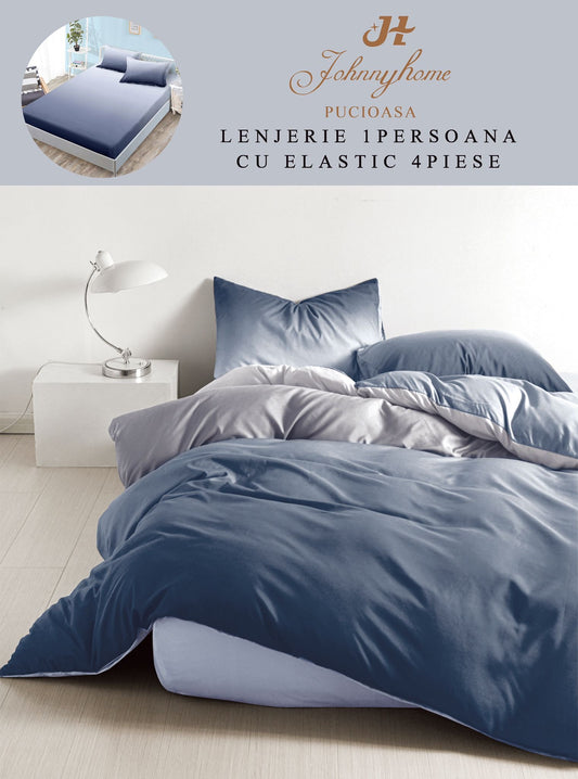 Lenjerie 4 Piese 1 Persoana, cu Elastic, din Bumbac Satinat, Bleumarin Degrade-H9026