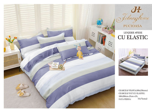 Lenjerie Pat Dublu cu Elastic din Bumbac Satinat Superior cu 4 Piese, Dungi-H8740