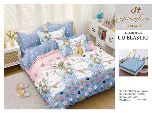 Lenjerie Pat Dublu cu Elastic din Bumbac Satinat Superior cu 4 Piese, Desene-H8719