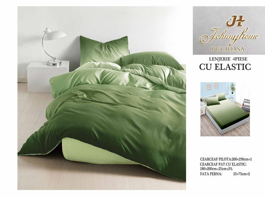 Lenjerie Pat Dublu cu Elastic din Bumbac Satinat Superior cu 4 Piese, Verde Degrade-H8723