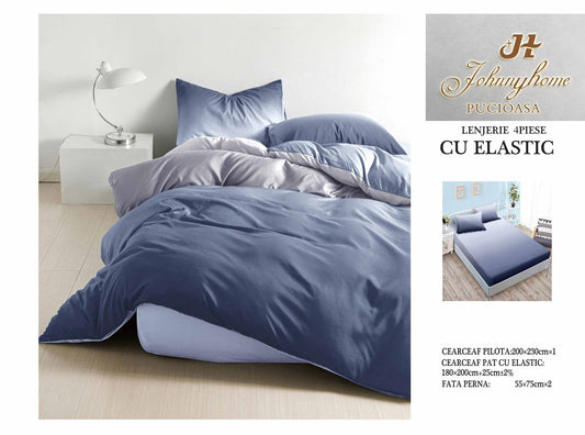 Lenjerie Pat Dublu cu Elastic din Bumbac Satinat Superior cu 4 Piese, Albastru Degrade-H8730