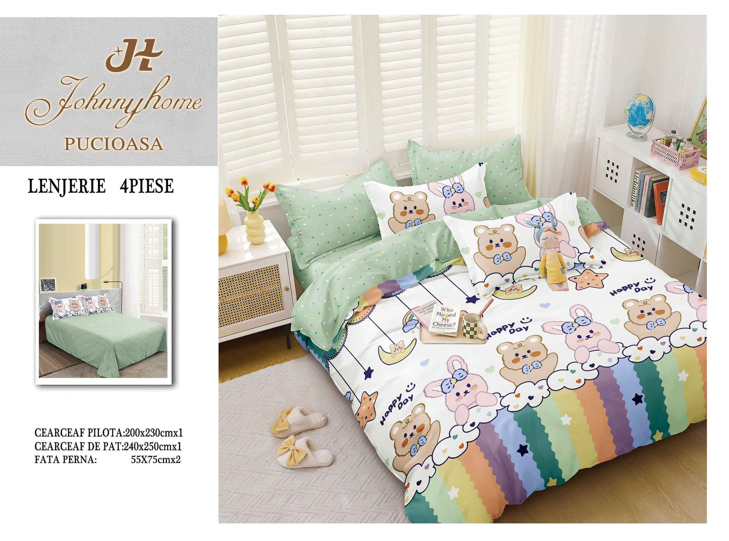 Lenjerie Pat Dublu din Bumbac Satinat Superior cu 4 Piese, Ursuleti/Iepurasi-H8543