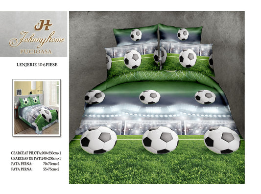 Lenjerie 3D Pat Dublu Bumbac Satinat cu 6 Piese, Football-H8832